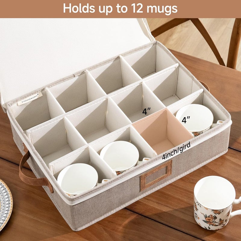 StorageWorks China Storage Container, Stackable Mug Storage Box with Dividers, Stemware Storage Cases, Hard Shell China Cup Organizer, Holds 12 Tea Cups and Coffee Mug, 1 Pack, Brown and Beige - Image 5